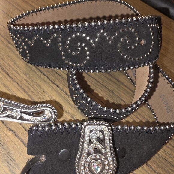 TONY LAMA Sz 34 NWOT Rhinestone Heart Buckle Silver Studs Leather Western Belt main image 9